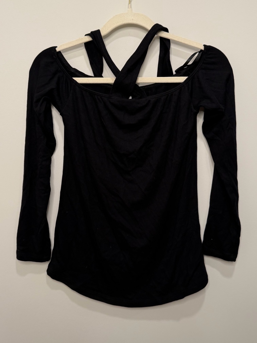 LNA Black Ribbed Strappy Cutout Long Sleeve Top Size Small